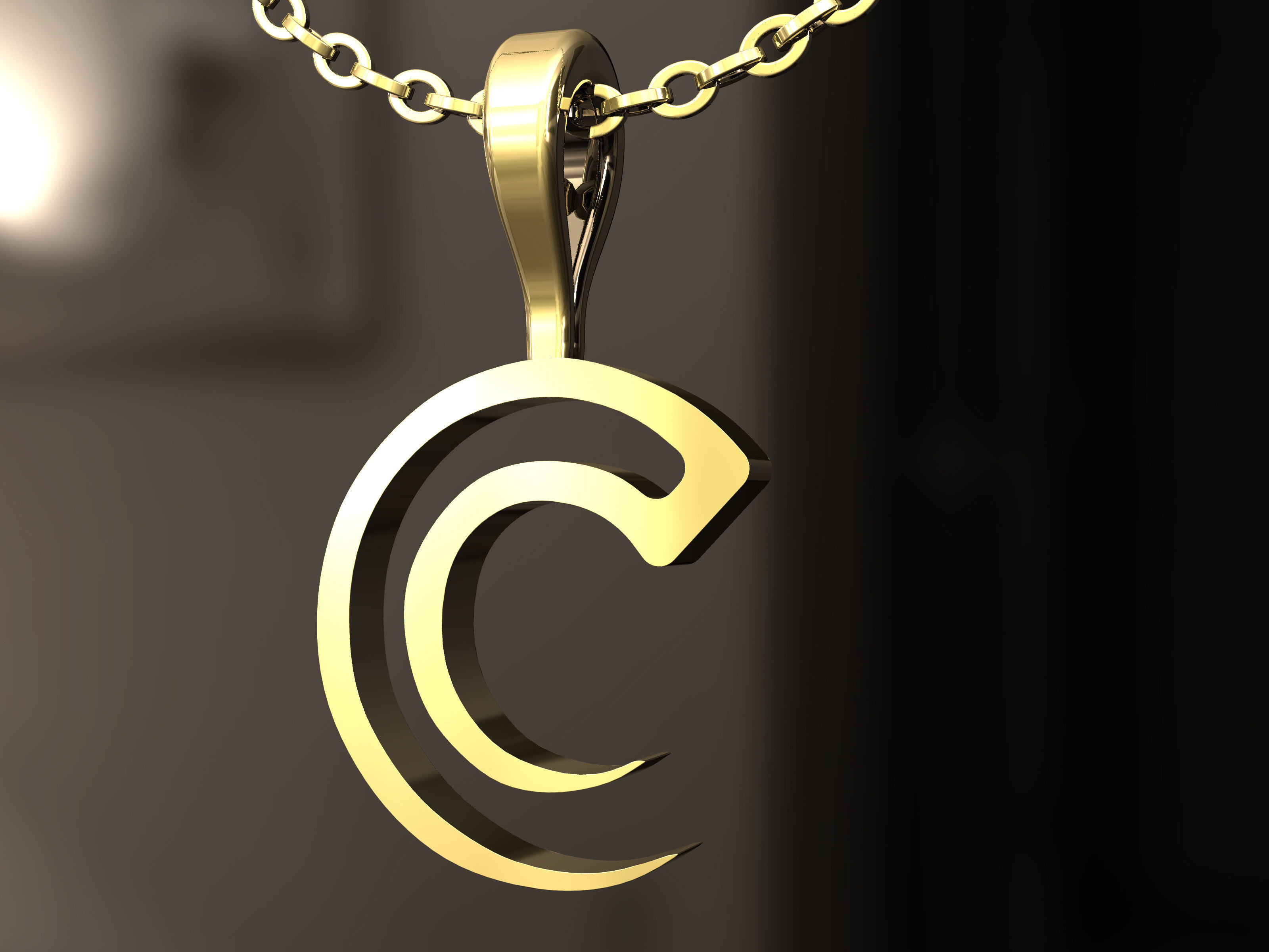 C Pendant letter on gold chain 3D print model_2