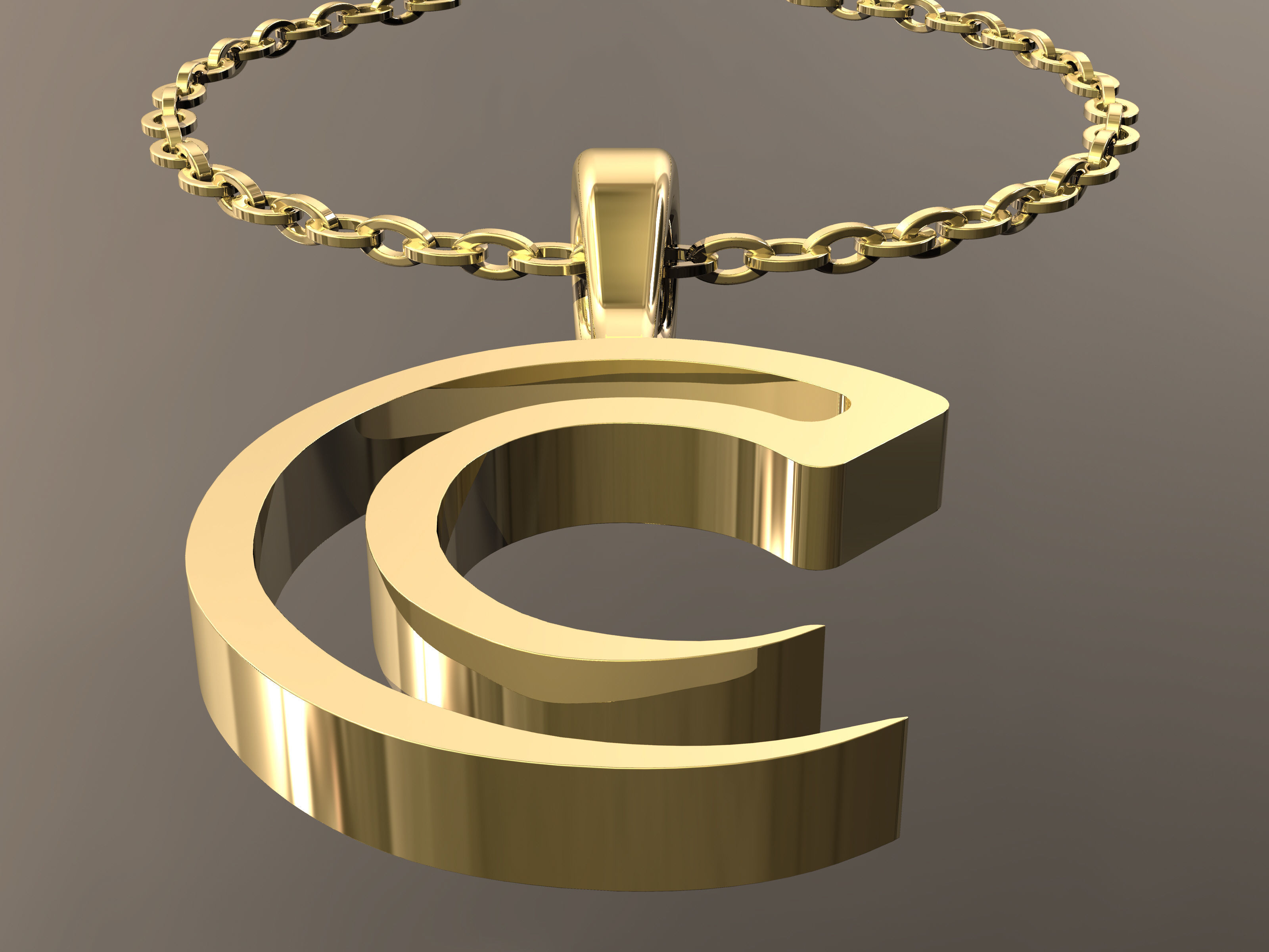 C Pendant letter on gold chain 3D print model_5