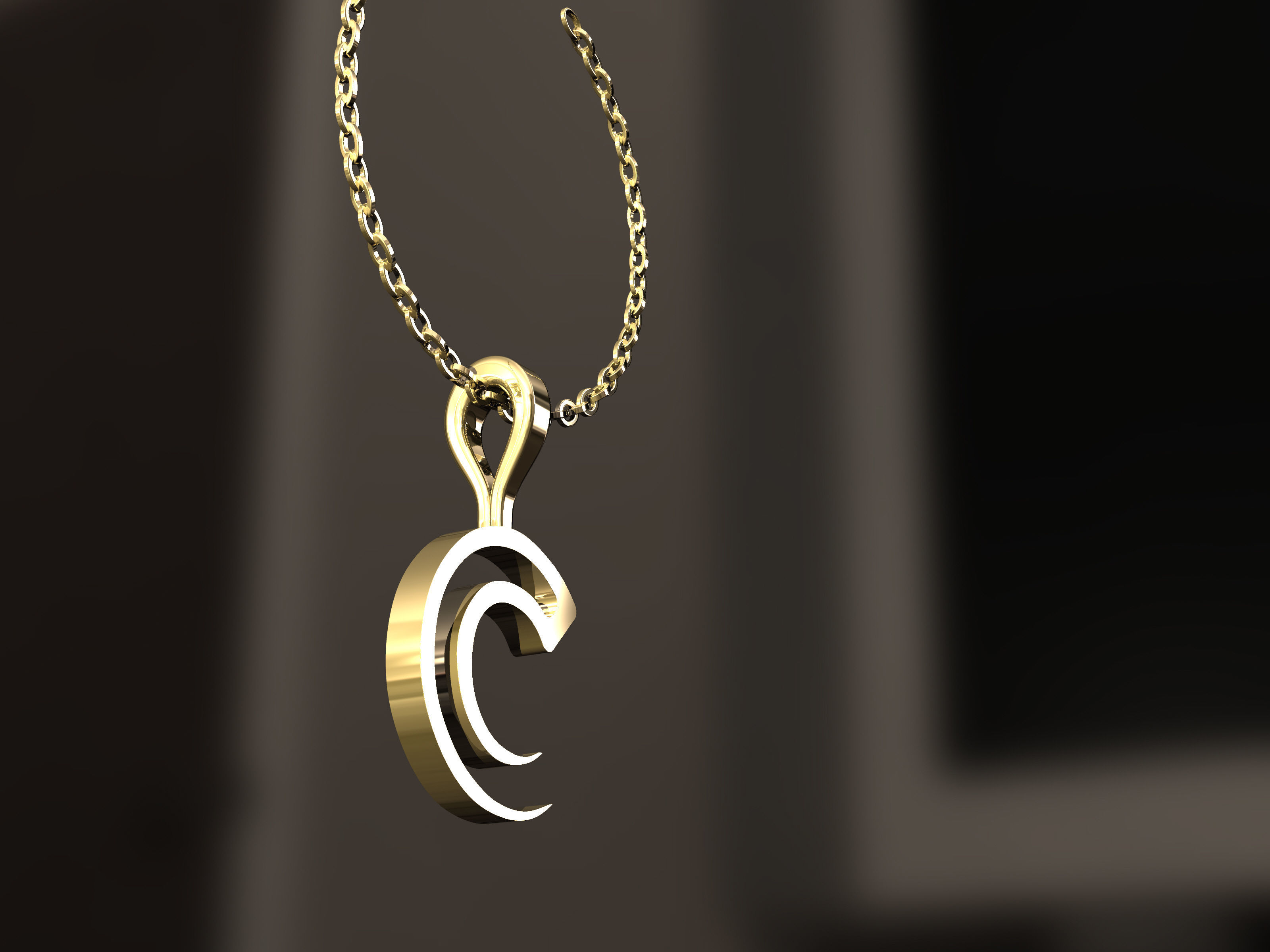 C Pendant letter on gold chain 3D print model_6