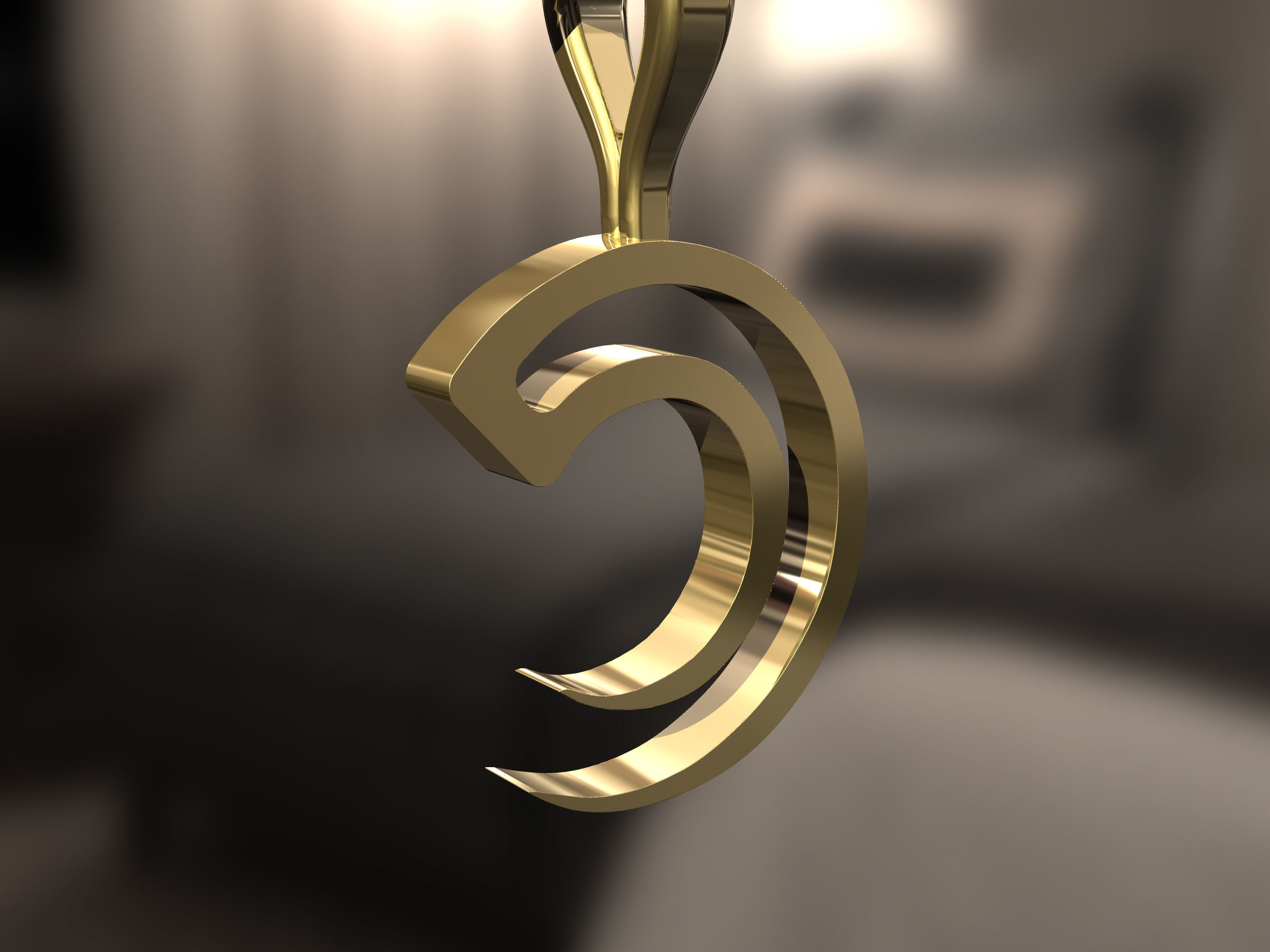 C Pendant letter on gold chain 3D print model_4
