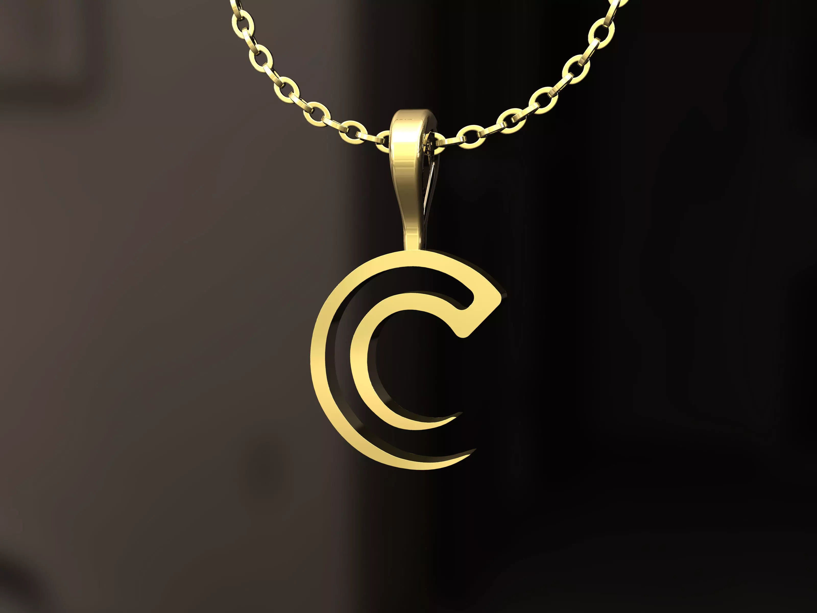 C Pendant letter on gold chain 3D print model_0
