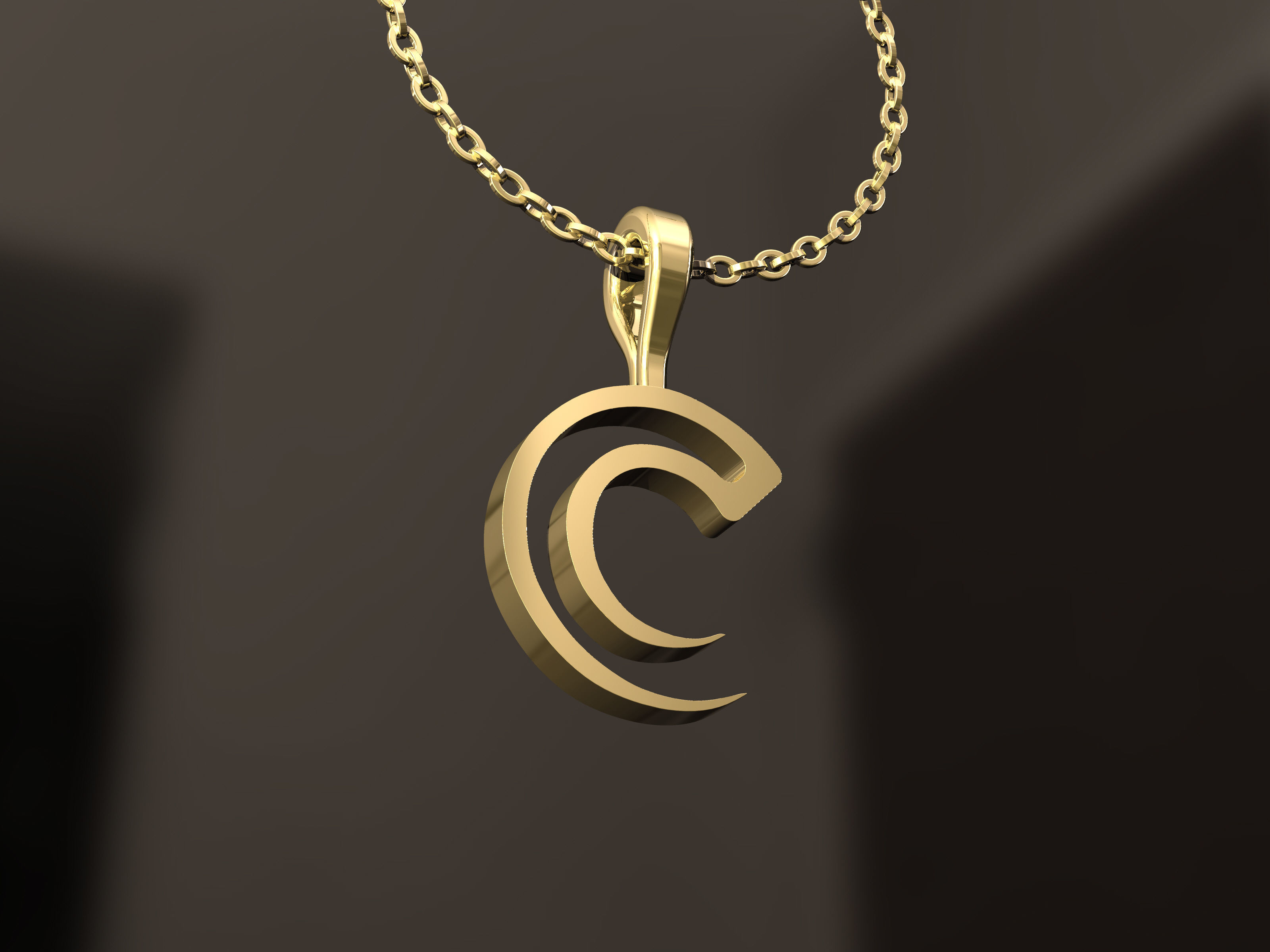 C Pendant letter on gold chain 3D print model_1
