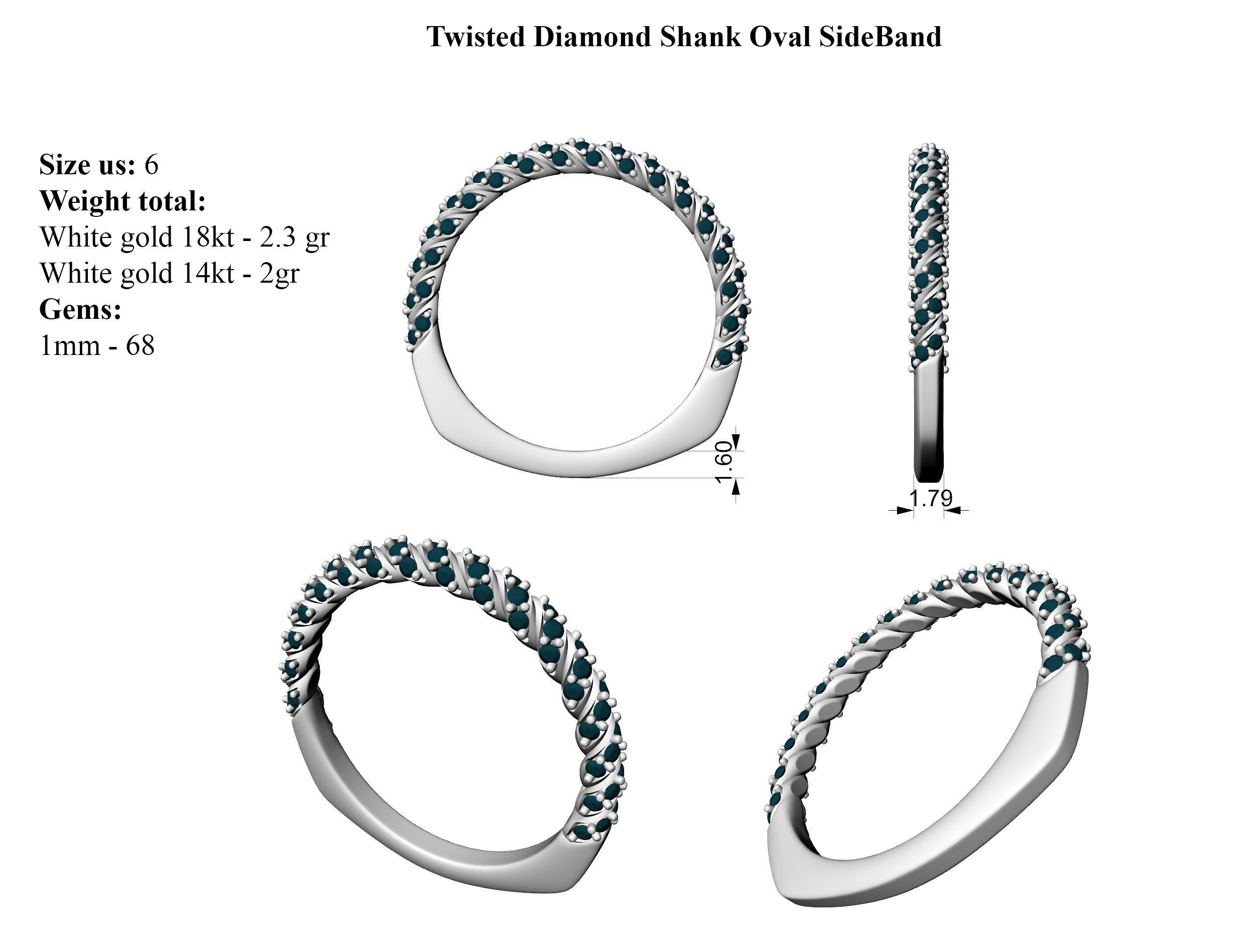 Twisted Diamond Shank Oval with side band All Sizes 3D print model_4