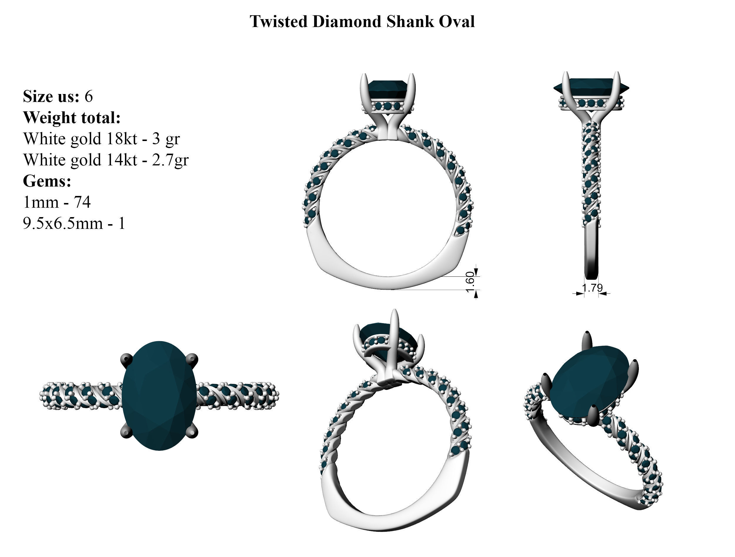 Twisted Diamond Shank Oval with side band All Sizes 3D print model_5