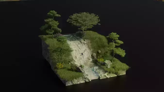 WaterFall island with grass and trees Low-poly 3D model