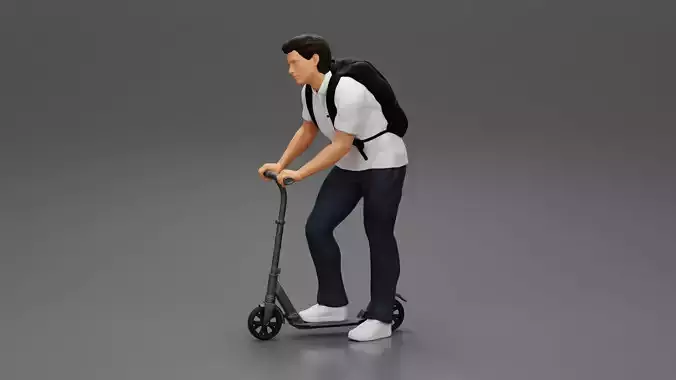 Man with backpack rolling on electric scooter