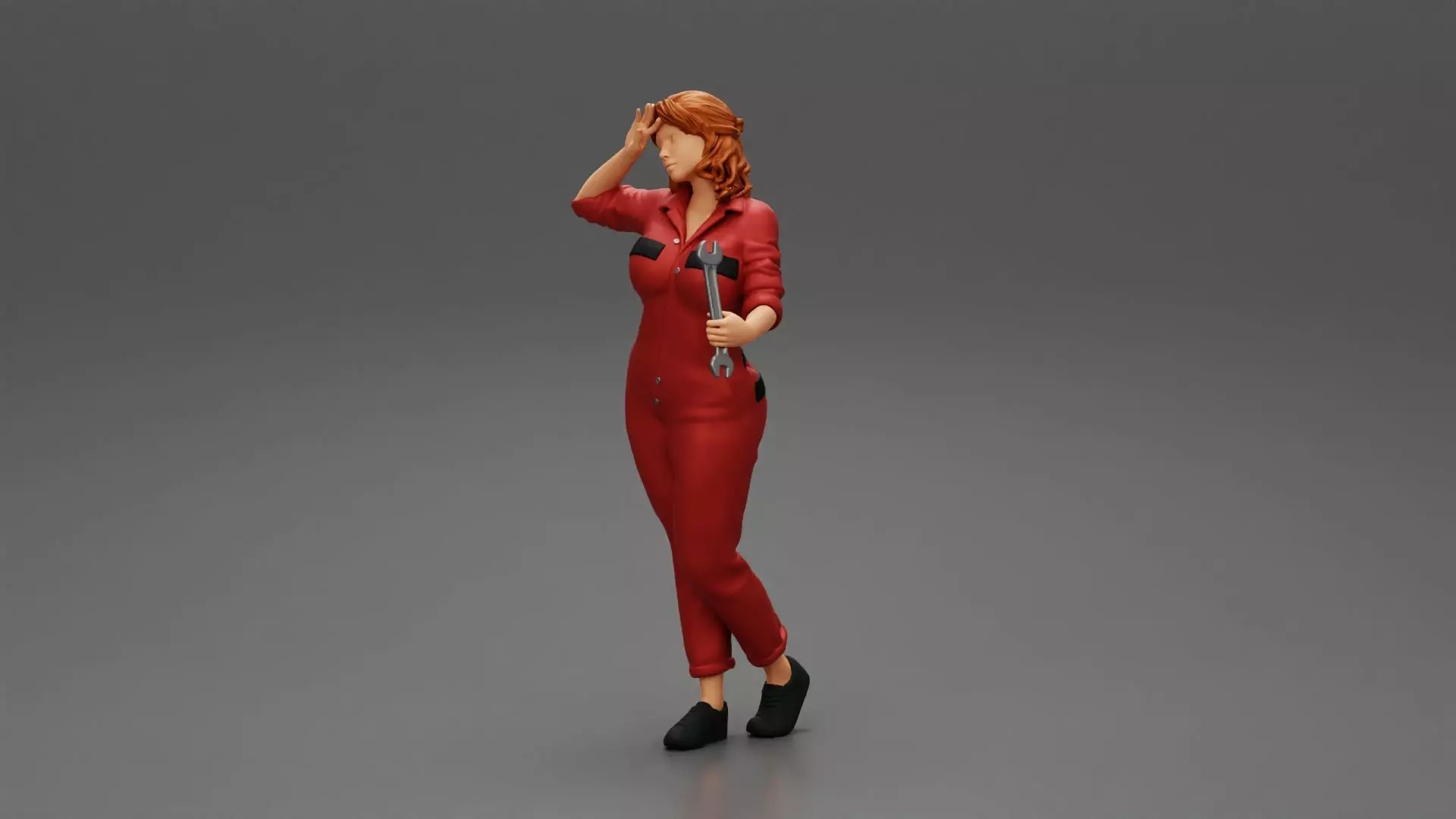 Tired woman mechanic holding a spanner 3D print model