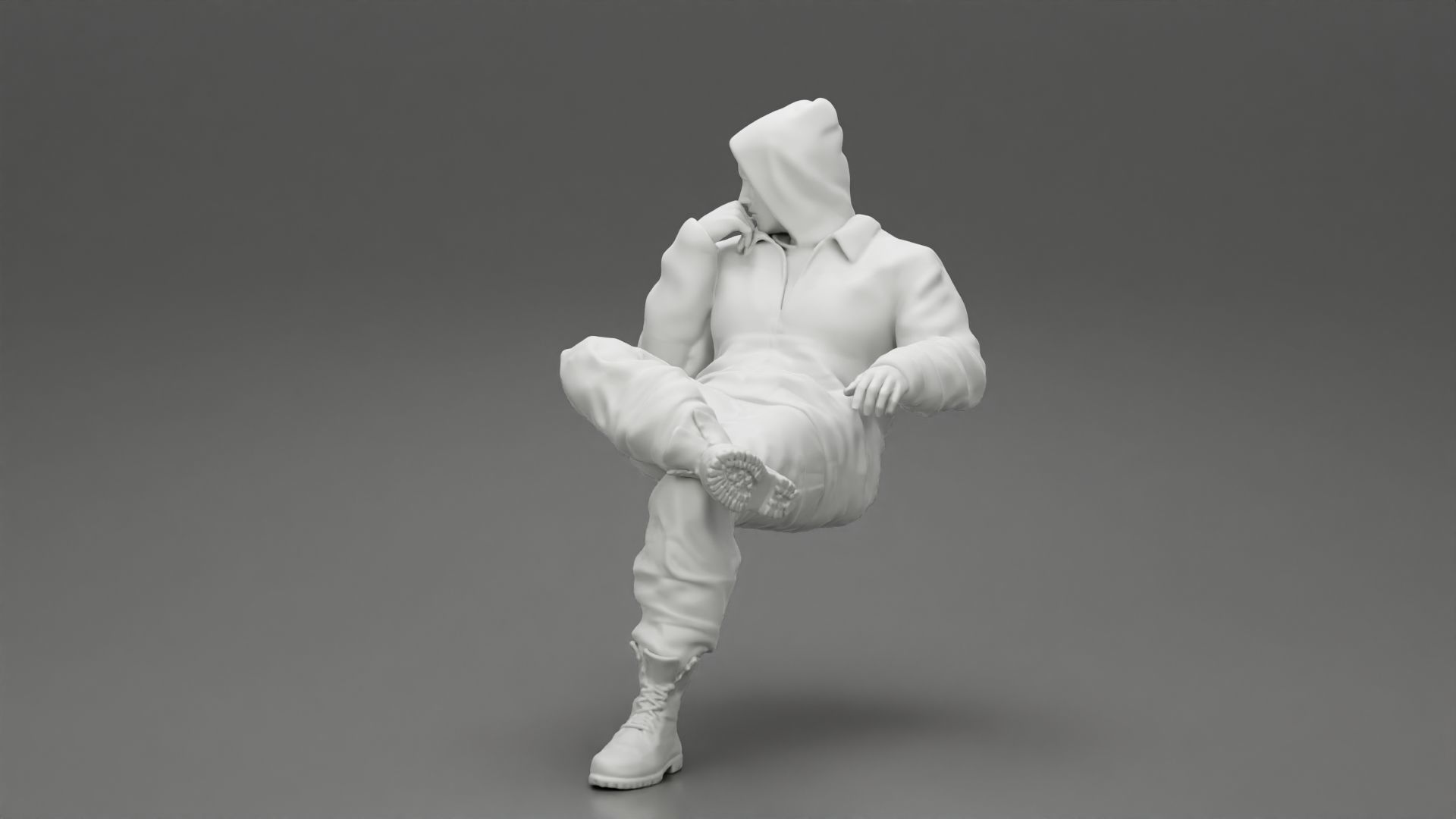 man in leather jacket sitting cross legged and thinking 3D print model_11