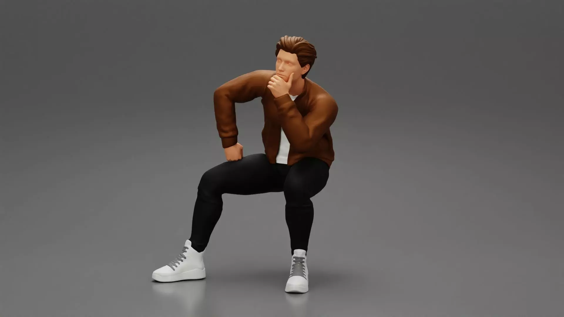 man in leather jacket sitting in thinking pose 3D print model