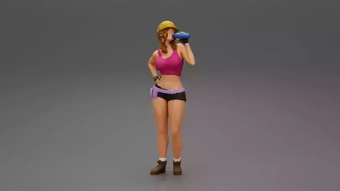Sexy girl mechanic drinks water during a break