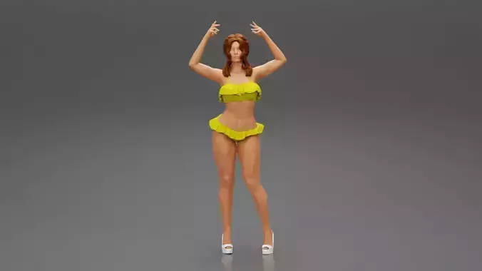 Young Woman In Bikini Raised Her Hands Up