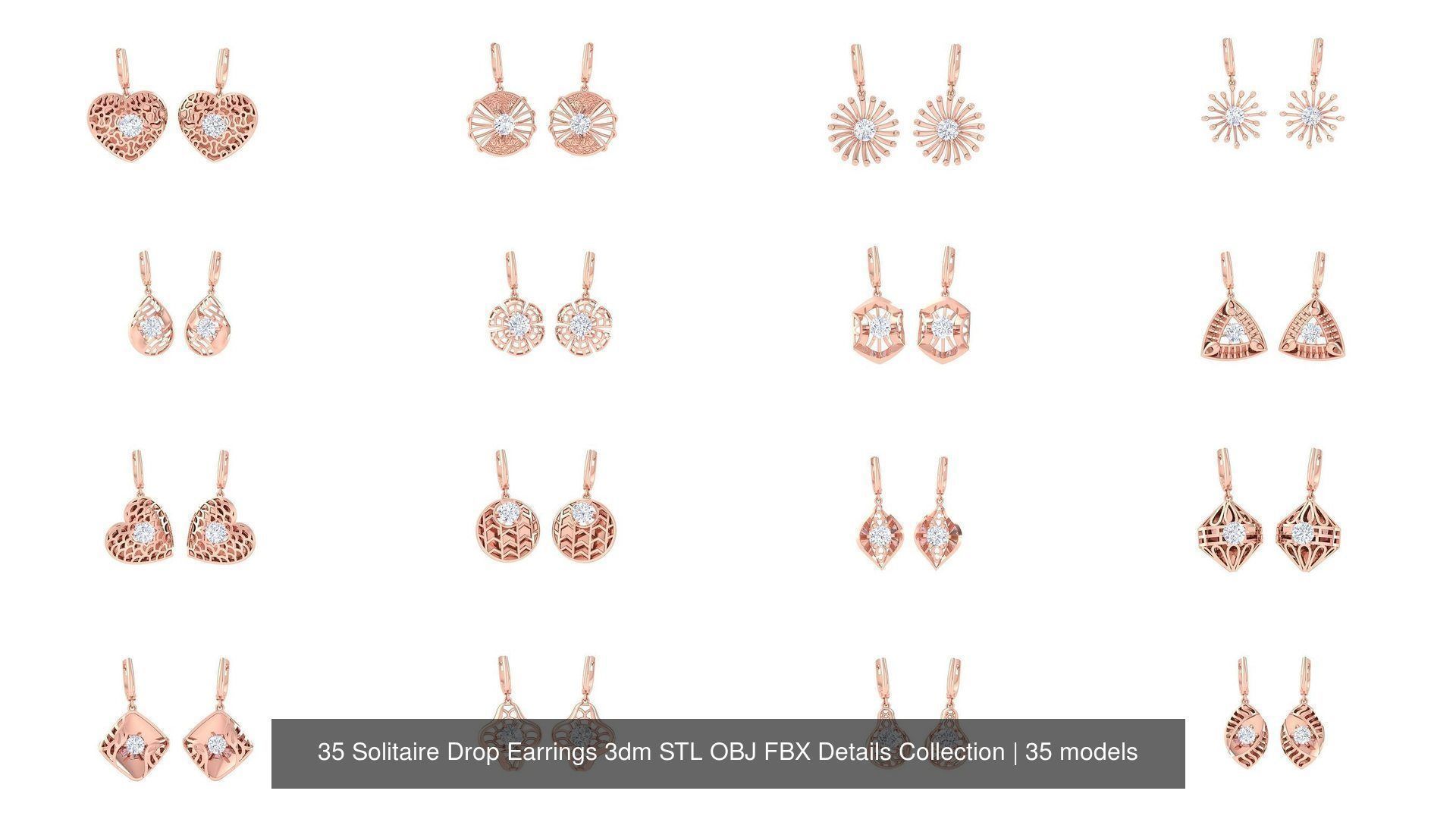 35 Solitaire Drop Earrings 3dm STL OBJ FBX Details Collection _2