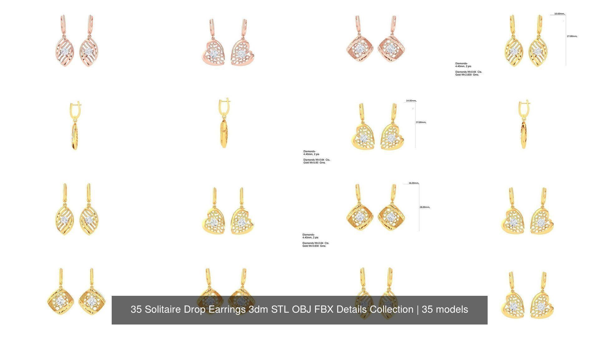 35 Solitaire Drop Earrings 3dm STL OBJ FBX Details Collection _4