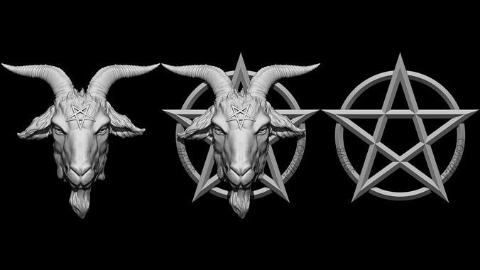 Pentagram demon head with horns and stars 3D print model
