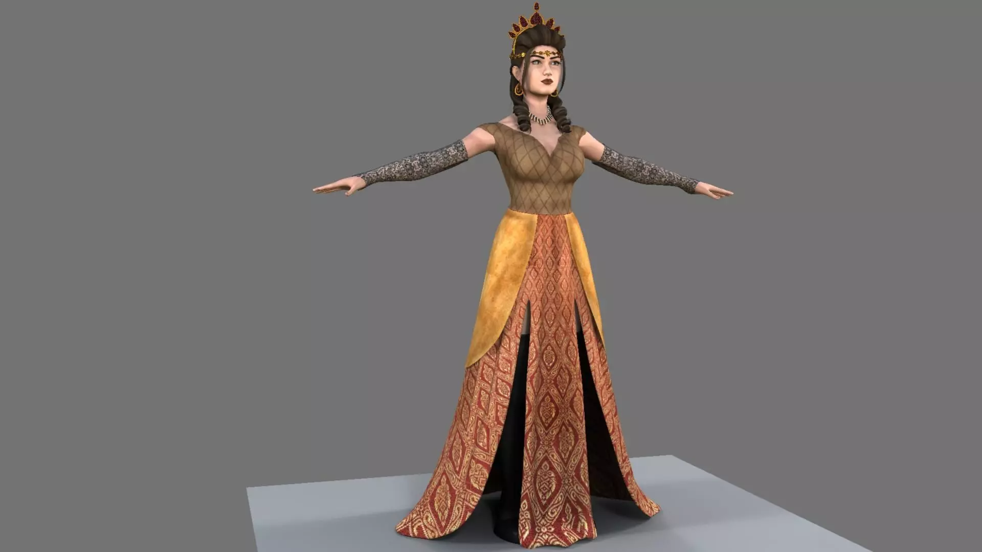 Queen woman in golden dress 3D model_0