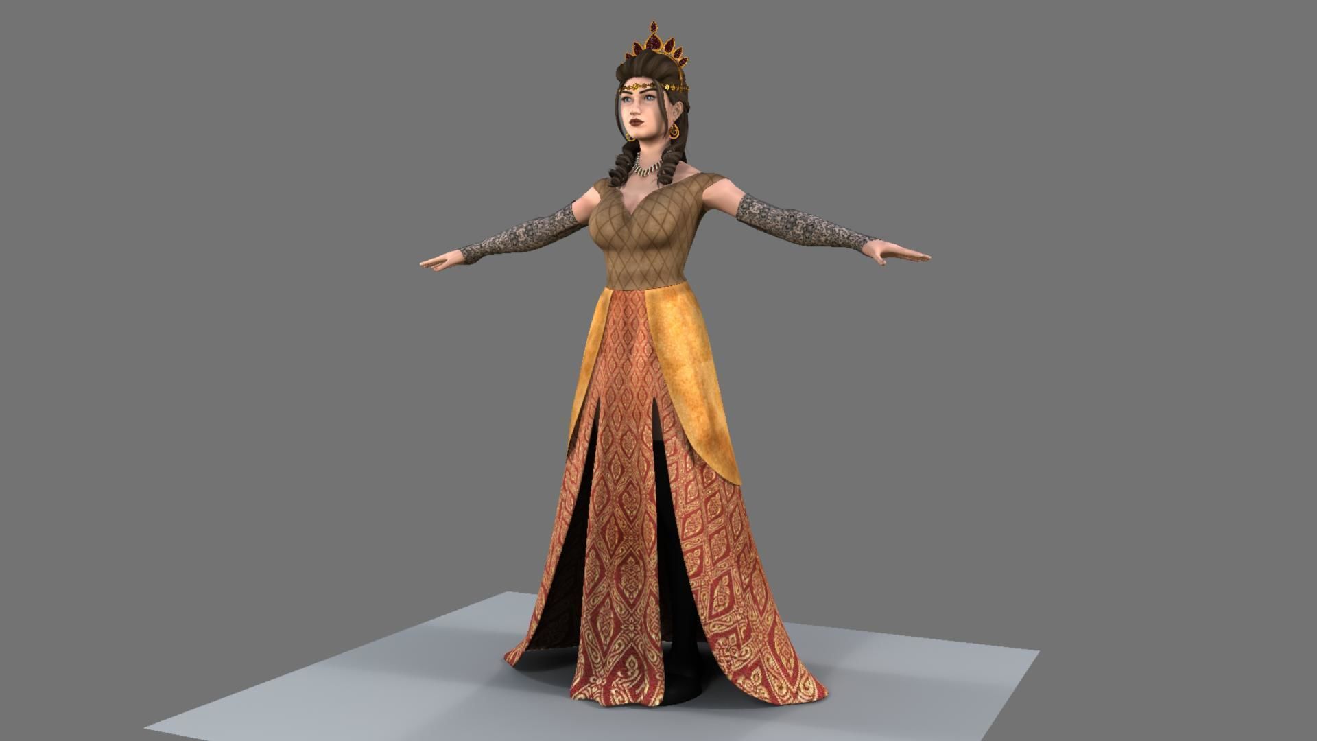 Queen woman in golden dress 3D model_12