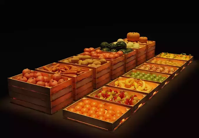 Market showcases with fruits and vegetables low-poly