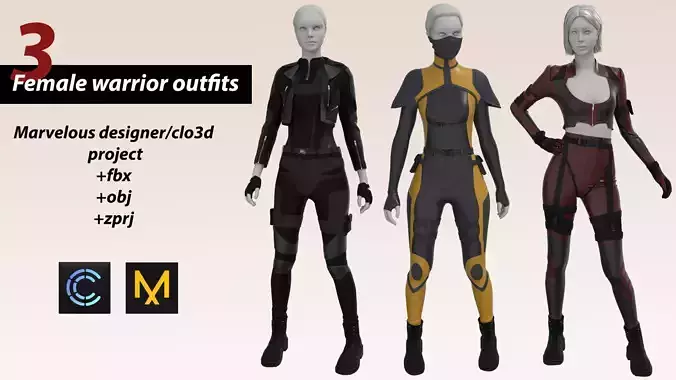 3 female warrior outfits in marvelousdesigner and clo3
