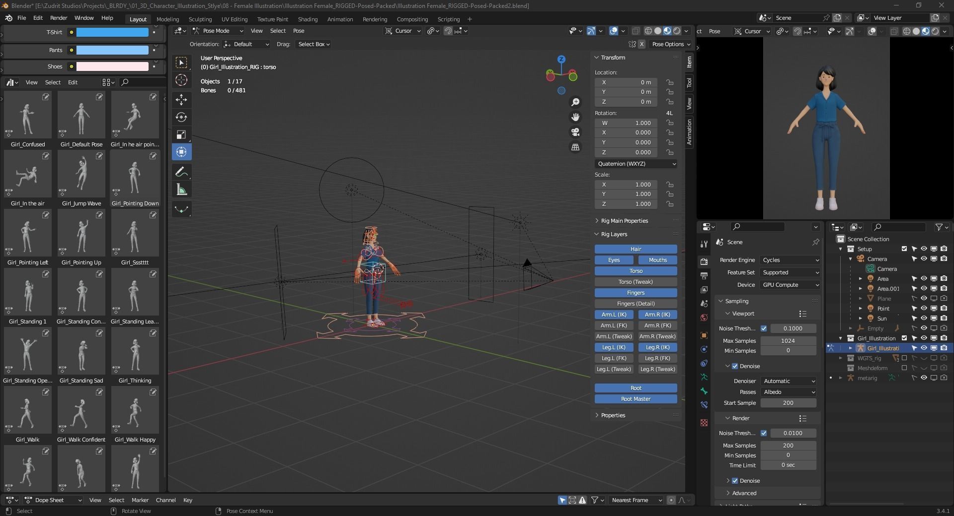 Cartoon Woman Illustration Style Rigged Low-poly 3D model_4