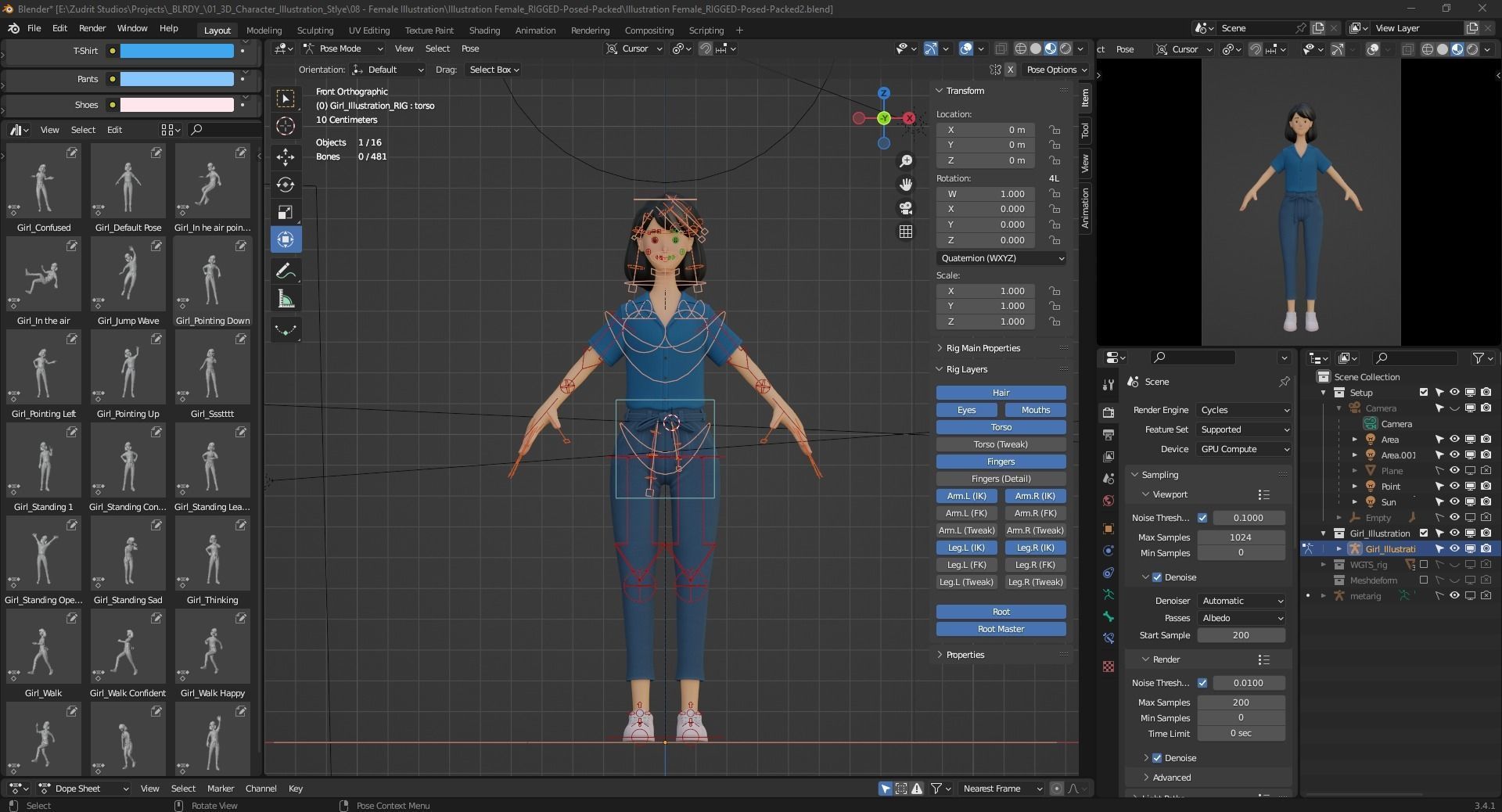 Cartoon Woman Illustration Style Rigged Low-poly 3D model_6
