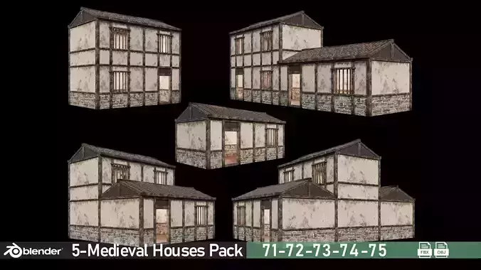 Medieval Houses Pack 71-72-73-74-75 - 4K Textures Game Ready Low-poly 3D model
