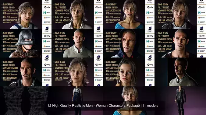12 High Quality Realistic Men - Woman Characters Package