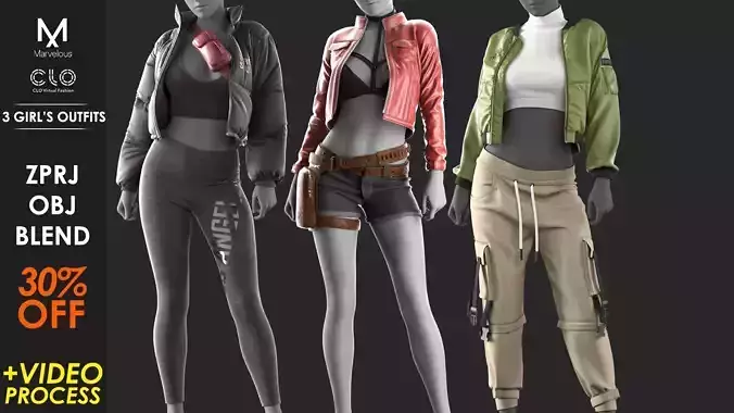 3 Outfits - Marvelous - CLO Project file - Video Process 3D Model Collection