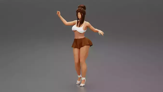 Hot Girl with bun hairstyle in mini skirt and high heels 3D print model