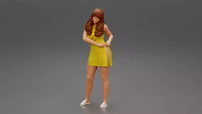 Fashion Girl in Dress with long hair put hands on hip