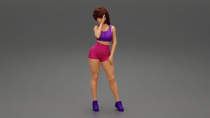 Beautiful Girl With Curly Hair Wearing Mini Short and sneakers 3D print model