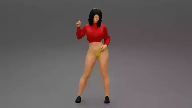 young woman wearing long sleeve crop shirt and mini short