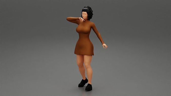 young woman in neck long sleeve dress 3D print model