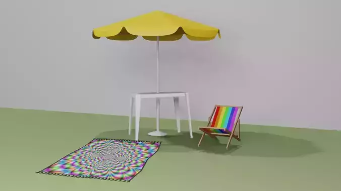 beach umbrella with chair and rug