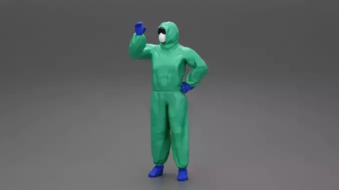 man wearing antivirus suit standing and holding 3D print model