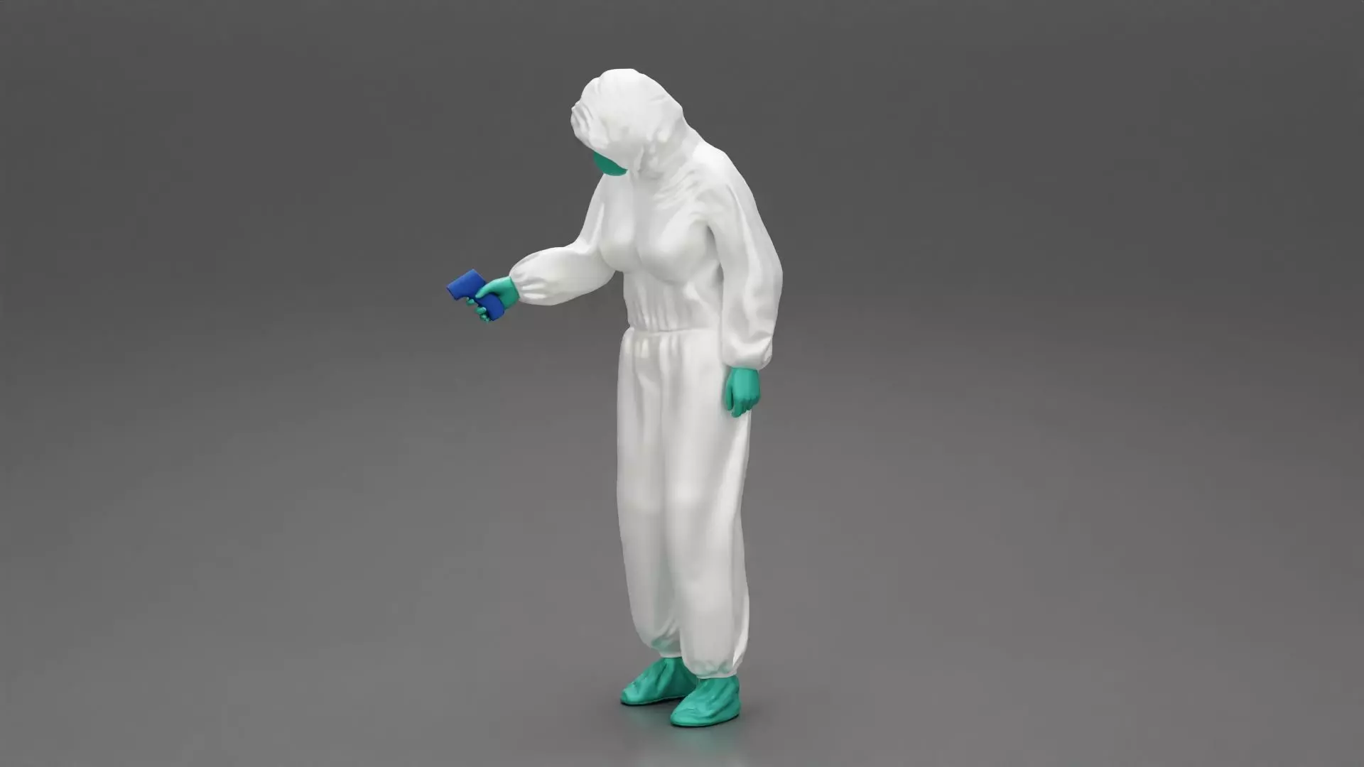 woman wearing antivirus suit standing measures the temperature 3D print model