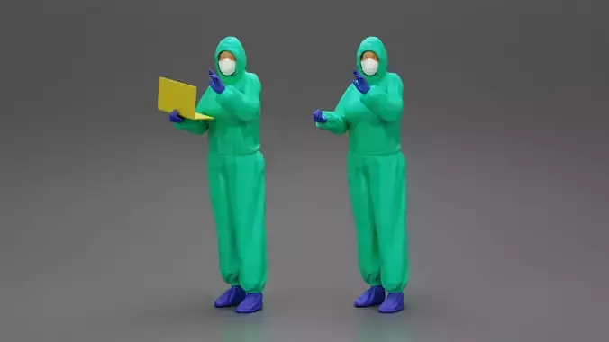 woman wearing antivirus suit standing and holding a laptop