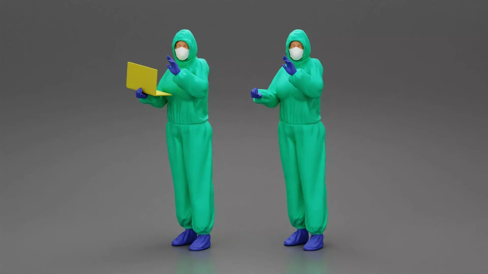 woman wearing antivirus suit standing and holding a laptop 3D print model