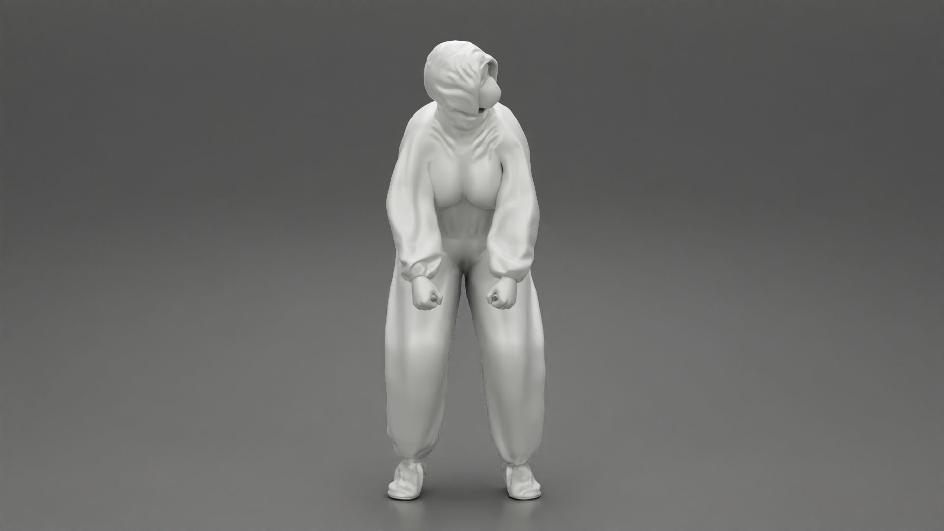 woman wearing antivirus suit standing and pulling up 3D print model_7