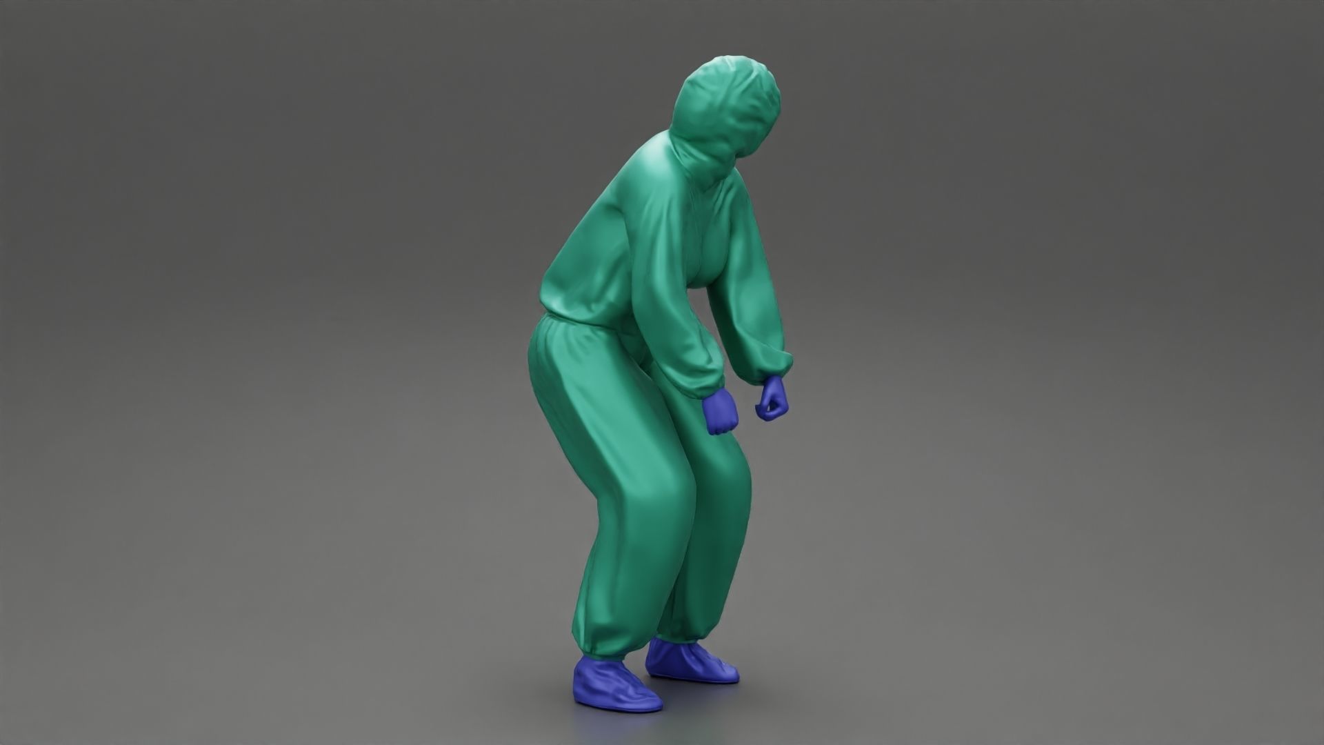 woman wearing antivirus suit standing and pulling up 3D print model_2
