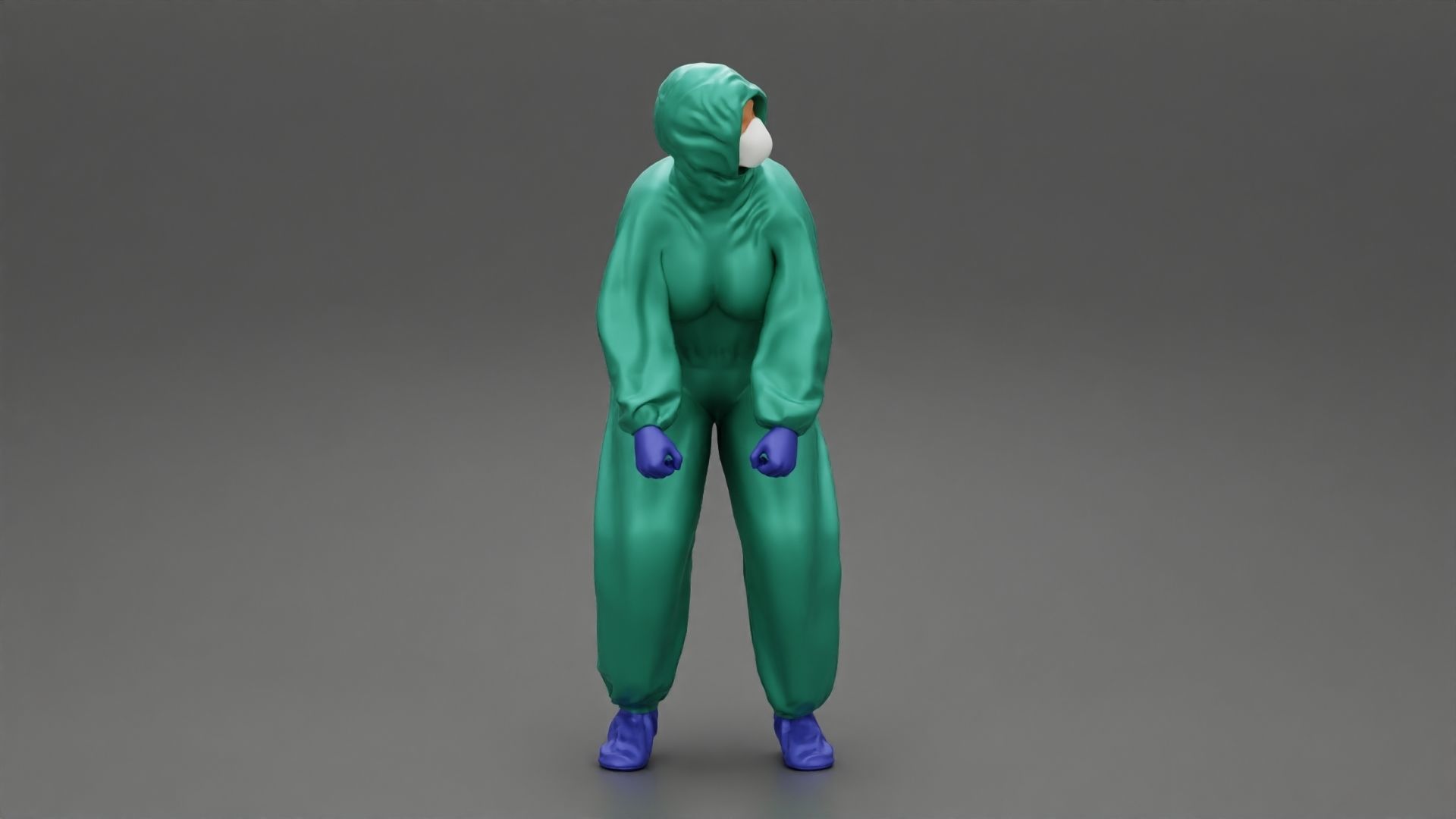 woman wearing antivirus suit standing and pulling up 3D print model_1