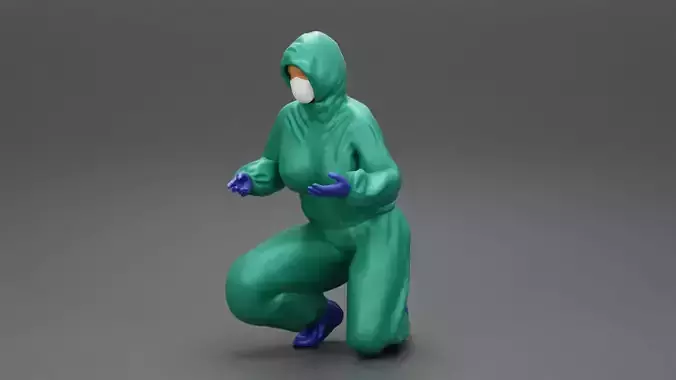 woman wearing antivirus suit sitting and carrying