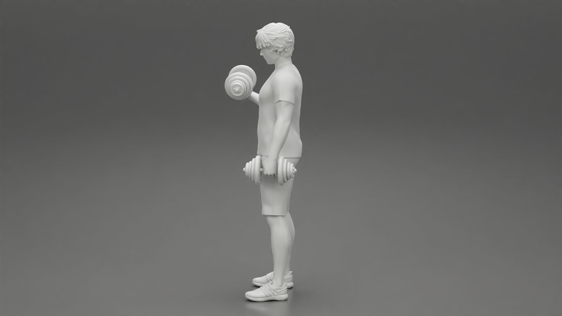 Muscular working out in gym doing exercises dumbbells at biceps 3D print model_11