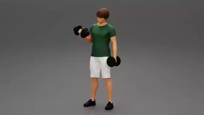 Muscular working out in gym doing exercises dumbbells at biceps 3D print model