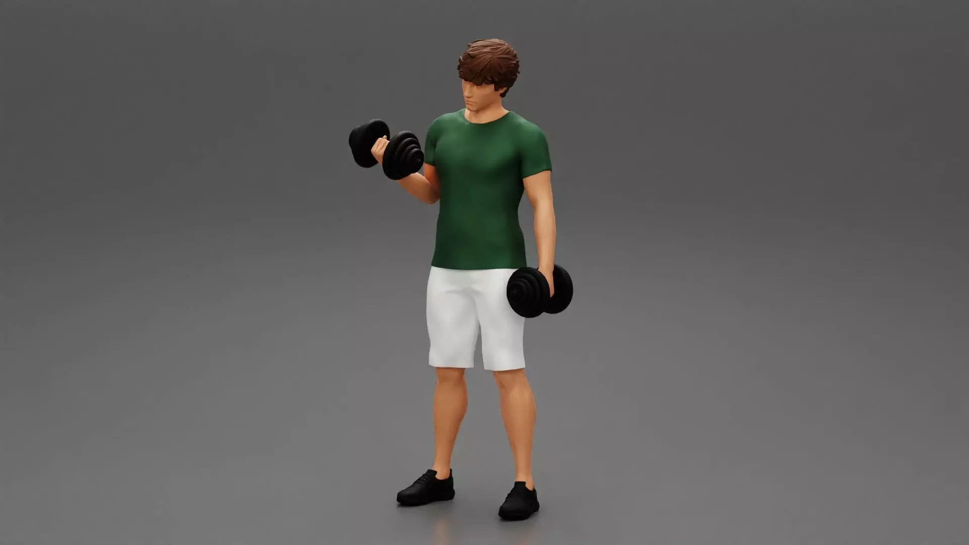 Muscular working out in gym doing exercises dumbbells at biceps 3D print model_0