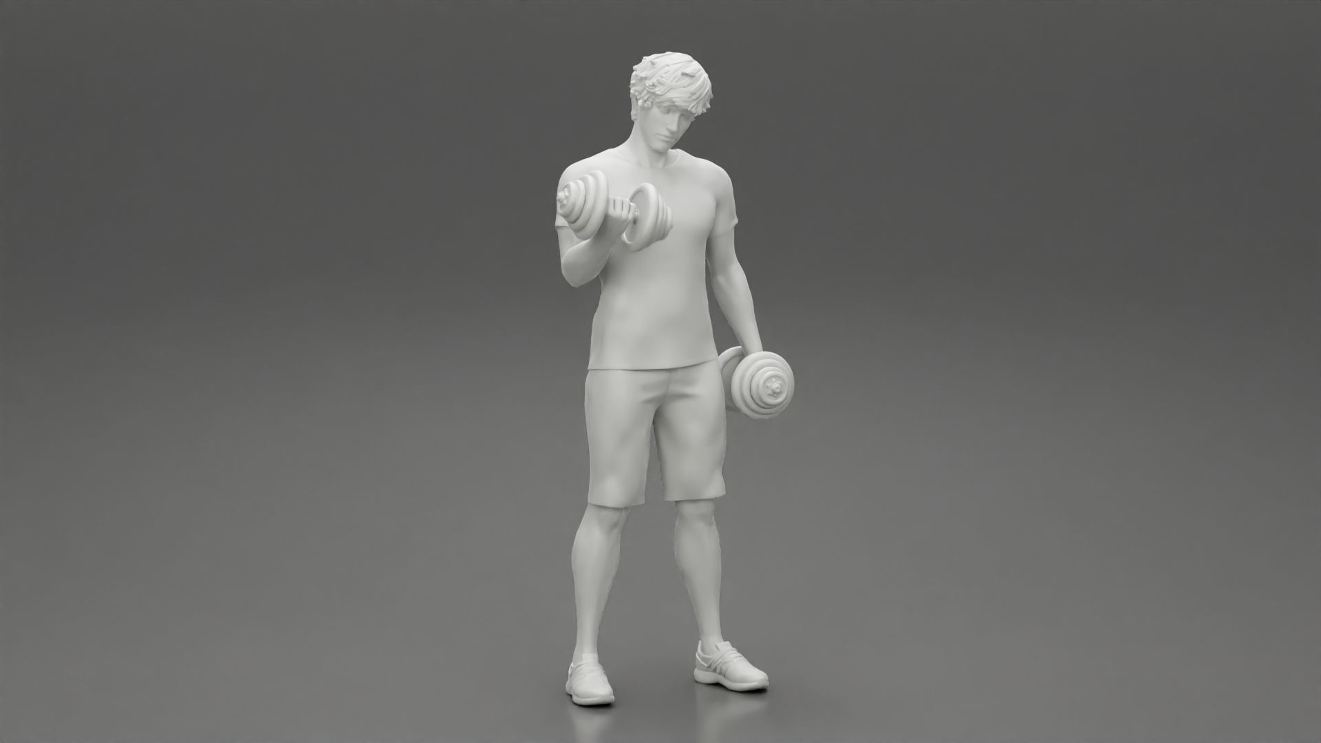 Muscular working out in gym doing exercises dumbbells at biceps 3D print model_7