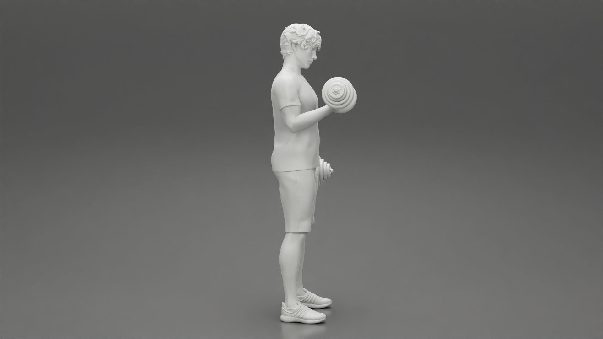Muscular working out in gym doing exercises dumbbells at biceps 3D print model_8