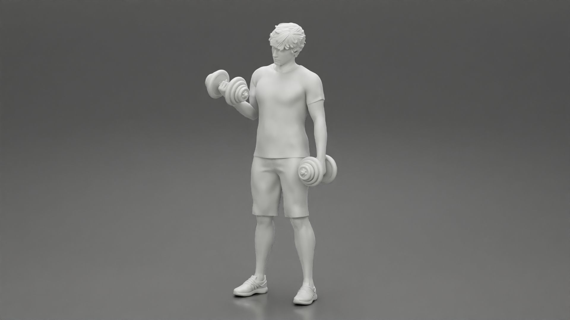 Muscular working out in gym doing exercises dumbbells at biceps 3D print model_6