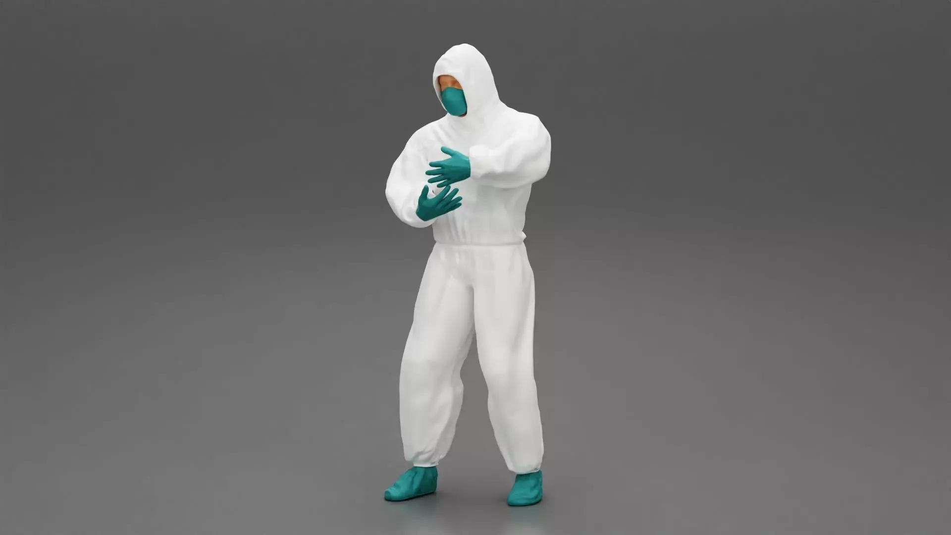 man wearing antivirus suit standing and carrying 3D print model_0