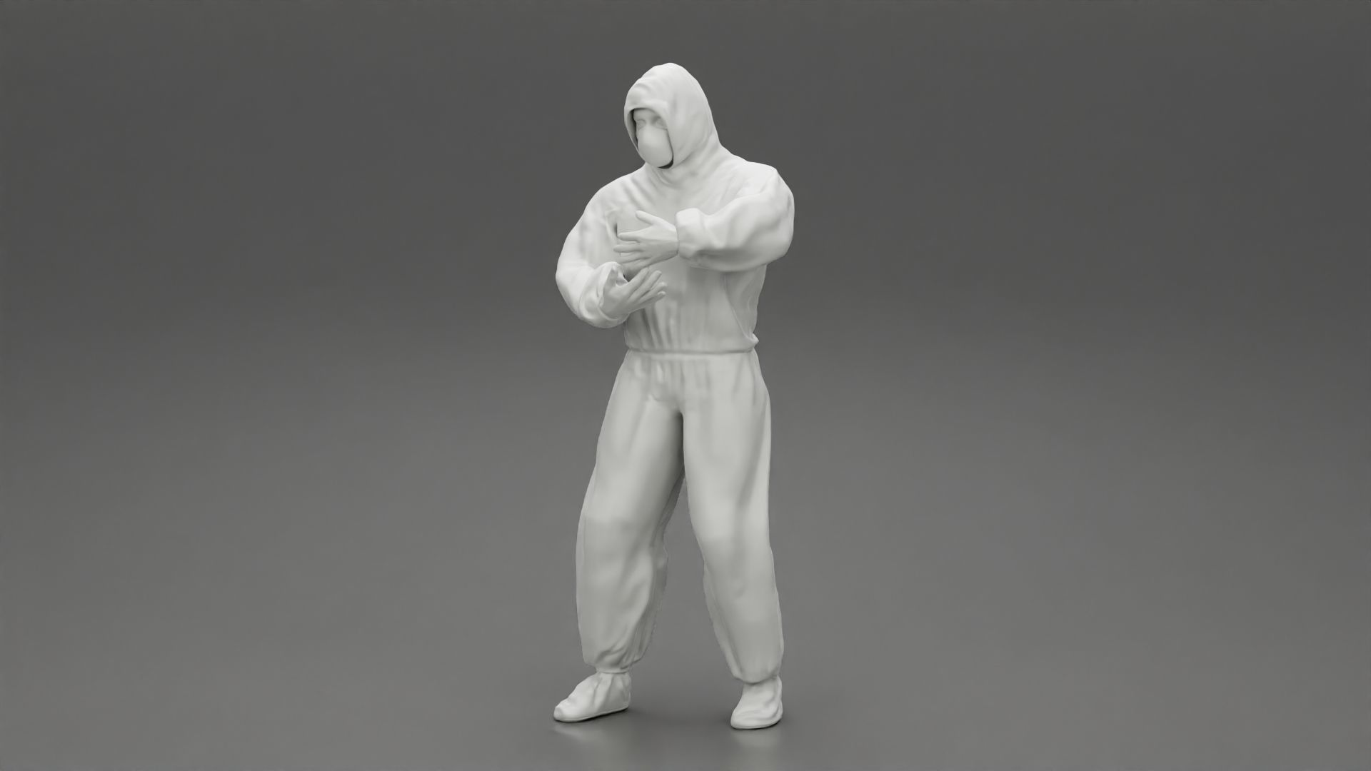 man wearing antivirus suit standing and carrying 3D print model_6