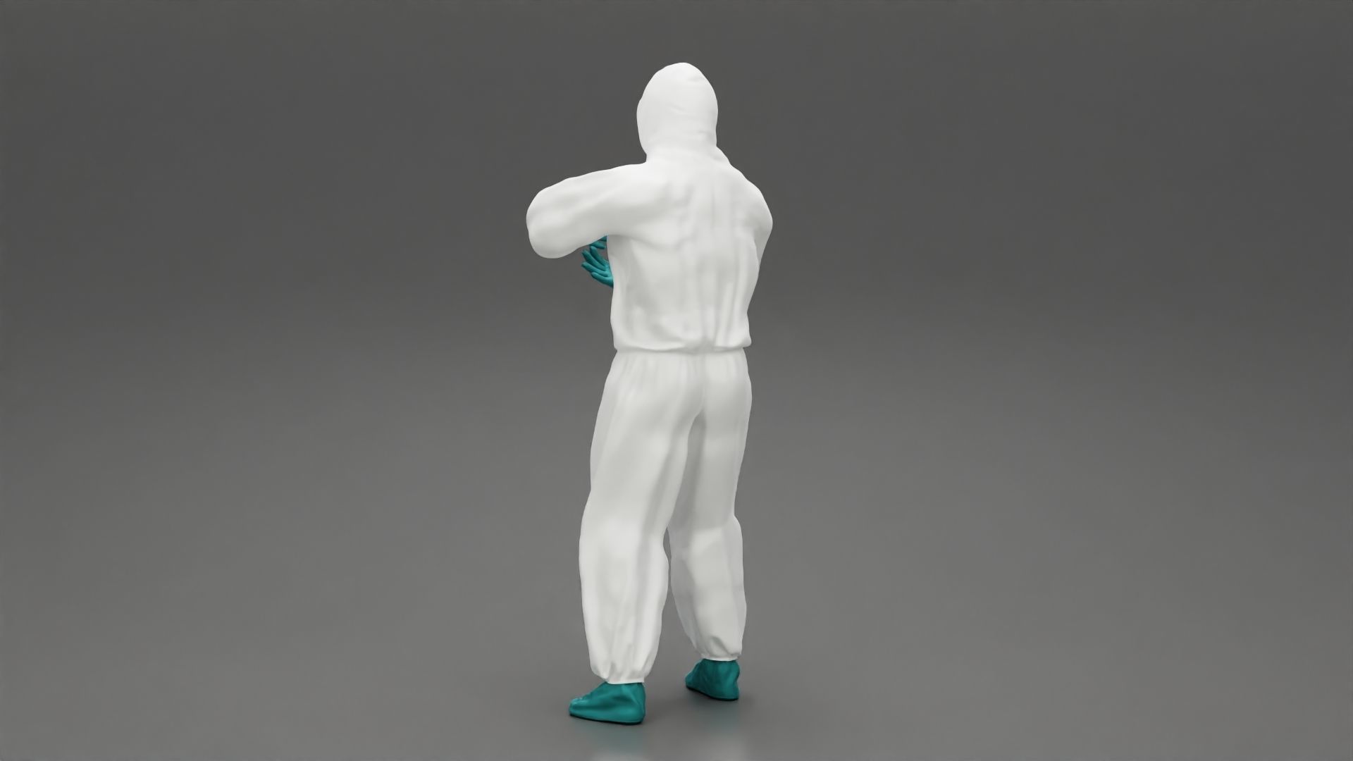 man wearing antivirus suit standing and carrying 3D print model_4